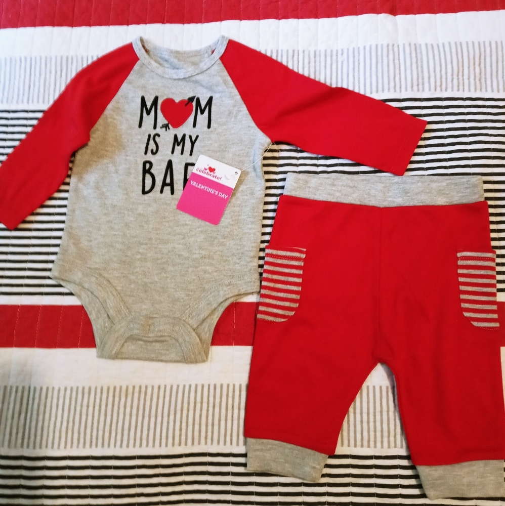 Celebrate Valentine's 2 PC set Red/Gray colors Baby Boy Outfit size 6-9M